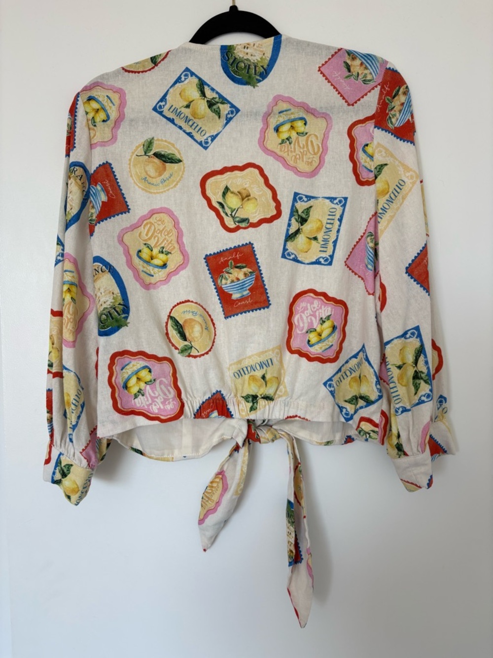 Joie Cream Lemon Print Tie Front Blouse, Multicolor Floral Accents, Size Medium - Picture 5 of 12